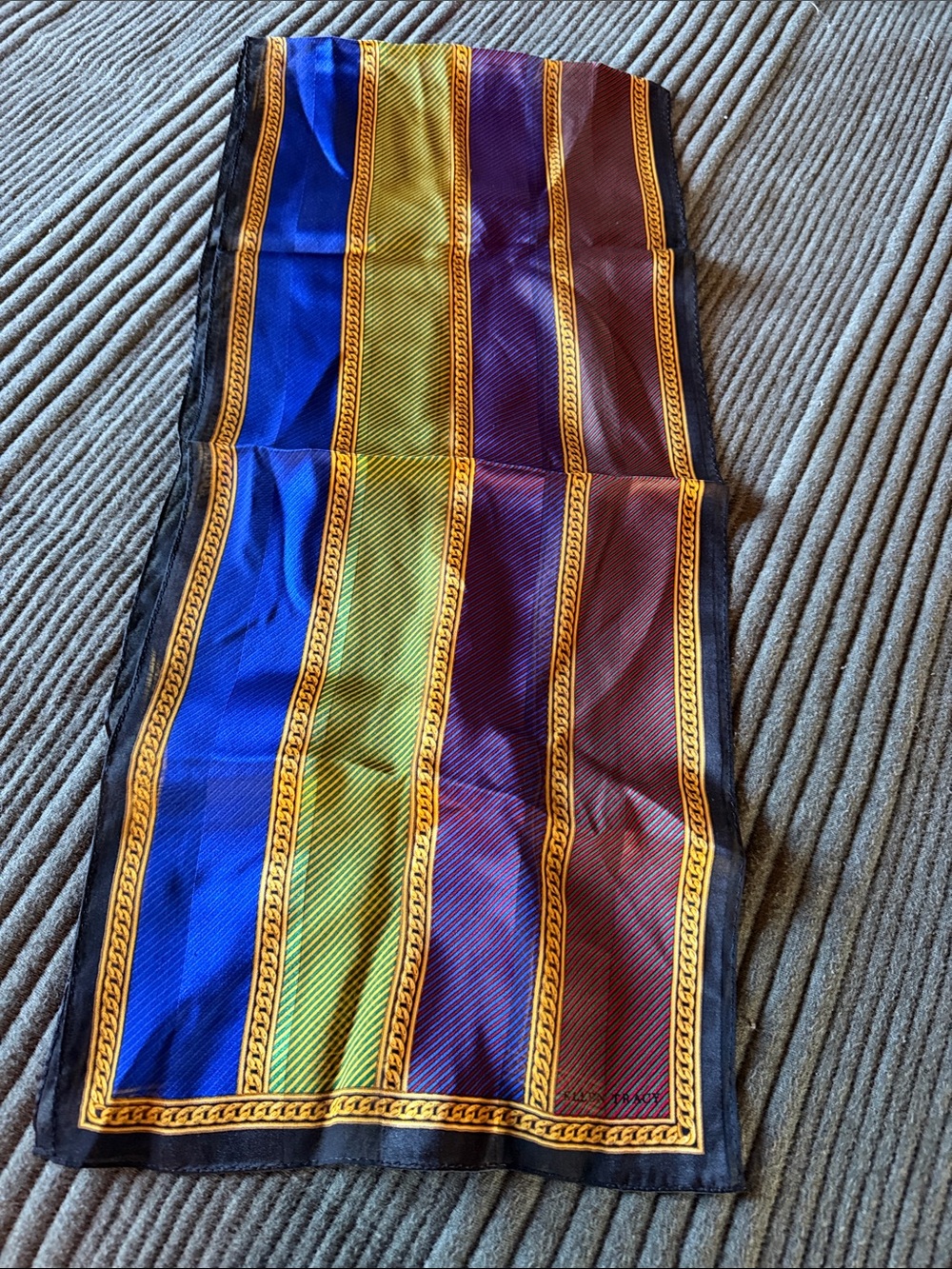 Ellen Tracy Blue Green Purple Brown Striped Silk Scarf with Gold Chain Trim 54”